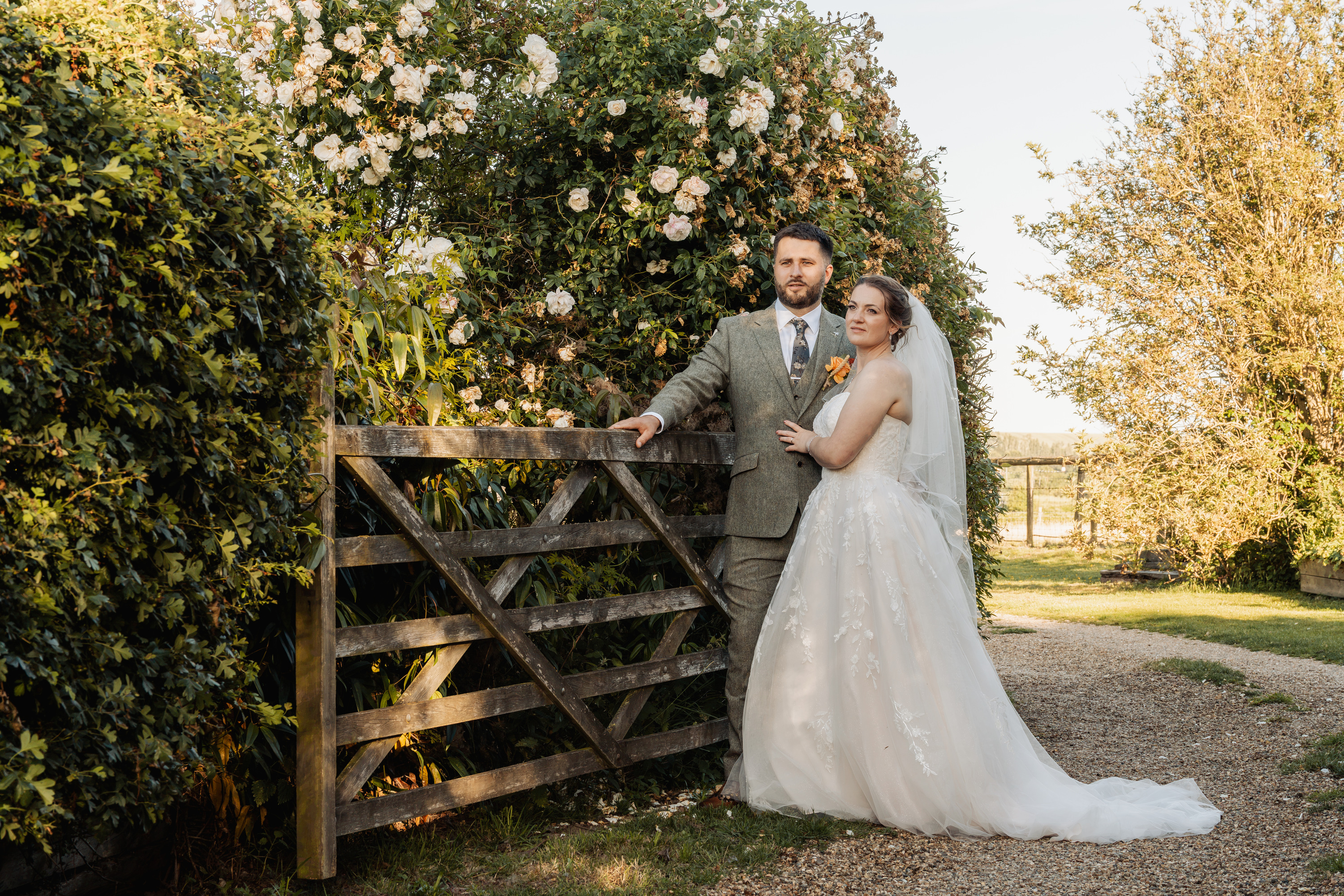 A newly married couple beside a wooden gate beneath flowering roses.